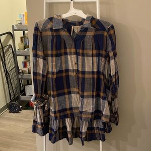 Free People Blue Cream and Orange Plaid Button Up Shirt Size S